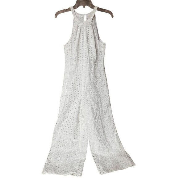 Maison Jules 6 White Eyelet Sleeveless Jumpsuit Halter Neck Cropped Wide Leg - Picture 1 of 11